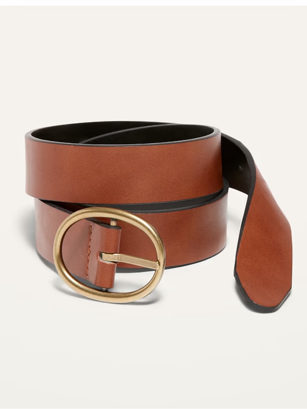 Women’s Belt with Gold Oval Buckle - Reversible Black & Cognac 1.25 inch thick
